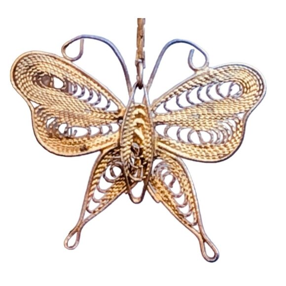 Vintage 1970s Gold Tone Cannetille Filigree Butterfly Drop Dangle Stud Earrings - Picture 3 of 5